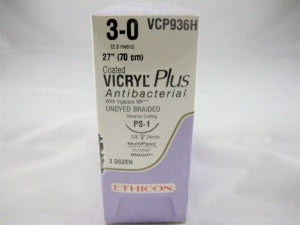 Coated Vicryl Plus Antibacterial Suture with Needle Absorbable Coated Undyed Suture Braided Polyglactin 910 with Irgacare MP Antibacterial Suture Size 3-0 27 Inch Suture 1-Needle 24 mm Length 3/8 Circle Precision Point - Reverse Cutting Needle