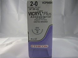 Coated Vicryl Plus Antibacterial Suture with Needle Absorbable Coated Undyed Suture Braided Polyglactin 910 with Irgacare MP Antibacterial Suture Size 2-0 36 Inch Suture 1-Needle 36 mm Length 1/2 Circle Taper Point Needle