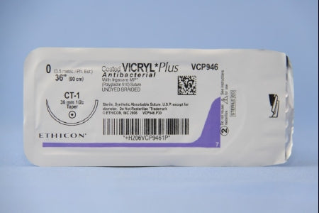 Coated Vicryl Plus - Antibacterial Suture with Needle Absorbable Coated Undyed Suture Braided Polyglactin 910 with Irgacare MP Antibacterial Suture Size 0 36 Inch Suture 1-Needle 36 mm Length 1/2 Circle Taper Point Needle - VCP946H