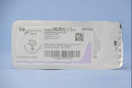 Coated Vicryl Plus Antibacterial Suture with Needle Absorbable Coated Violet Suture Braided Polyglactin 910 with Irgacare MP Antibacterial Suture Size 3-0 27 Inch Suture 1-Needle 26 mm Length 1/2 Circle Taper Point Needle