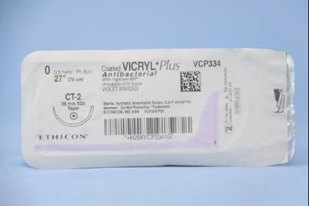 J & J Healthcare Systems Coated Vicryl Plus Antibacterial Suture with Needle Absorbable Coated Violet Suture Braided Polyglactin 910 with Irgacare MP Antibacterial Suture Size 0 27 Inch Suture 1-Needle 26 mm Length 1/2 Circle Taper Point Needle - VCP334H