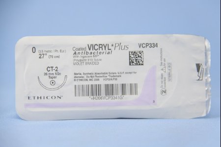 Coated Vicryl Plus - Antibacterial Suture with Needle Absorbable Coated Violet Suture Braided Polyglactin 910 with Irgacare MP Antibacterial Suture Size 0 27 Inch Suture 1-Needle 26 mm Length 1/2 Circle Taper Point Needle - VCP334H
