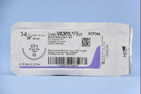 Coated Vicryl Plus Antibacterial Suture with Needle Absorbable Coated Violet Suture Braided Polyglactin 910 with Irgacare MP Antibacterial Suture Size 3-0 36 Inch Suture 1-Needle 36 mm Length 1/2 Circle Taper Point Needle