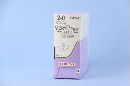 Coated Vicryl Plus Antibacterial Suture with Needle Absorbable Coated Violet Suture Braided Polyglactin 910 with Irgacare MP Antibacterial Suture Size 2-0 36 Inch Suture 1-Needle 36 mm Length 1/2 Circle Taper Point Needle