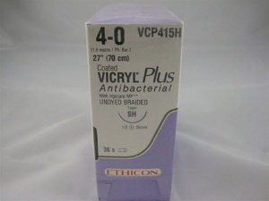 Coated Vicryl Plus - Antibacterial Suture with Needle Absorbable Coated Undyed Suture Braided Polyglactin 910 with Irgacare MP Antibacterial Suture Size 4 - 0 27 Inch Suture 1-Needle 26 mm Length 1/2 Circle Taper Point Needle - VCP415H