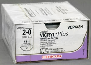 Coated Vicryl Plus - Antibacterial Suture with Needle Absorbable Coated Undyed Suture Braided Polyglactin 910 with Irgacare MP Antibacterial Suture Size 2 - 0 27 Inch Suture 1-Needle 24 mm Length 3/8 Circle Reverse Cutting Needle - VCP443H