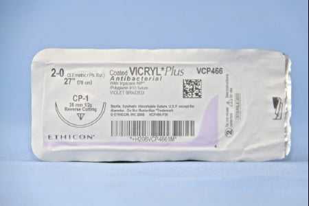 Coated Vicryl Plus Antibacterial Suture with Needle Absorbable Coated Violet Suture Braided Polyglactin 910 with Irgacare MP Antibacterial Suture Size 2-0 27 Inch Suture 1-Needle 36 mm Length 1/2 Circle Reverse Cutting Needle