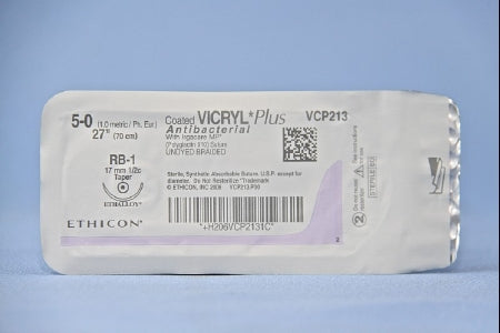 Coated Vicryl Plus Antibacterial Suture with Needle Absorbable Coated Undyed Suture Braided Polyglactin 910 with Irgacare MP Antibacterial Suture Size 5-0 27 Inch Suture 1-Needle 17 mm Length 1/2 Circle Taper Point Needle