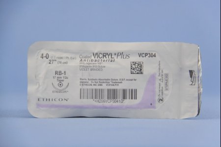 Coated Vicryl Plus Antibacterial Suture with Needle Absorbable Coated Violet Suture Braided Polyglactin 910 with Irgacare MP Antibacterial Suture Size 4-0 27 Inch Suture 1-Needle 17 mm Length 1/2 Circle Taper Point Needle