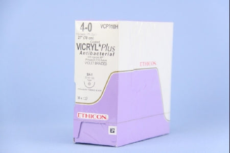 Coated Vicryl Plus Antibacterial Suture with Needle Absorbable Coated Violet Suture Braided Polyglactin 910 with Irgacare MP Antibacterial Suture Size 4-0 27 Inch Suture 1-Needle 22 mm Length 1/2 Circle Taper Point Needle