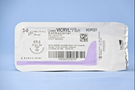 Coated Vicryl Plus Antibacterial Suture with Needle Absorbable Coated Violet Suture Braided Polyglactin 910 with Irgacare MP Antibacterial Suture Size 3-0 27 Inch Suture 1-Needle 22 mm Length 1/2 Circle Taper Point Needle