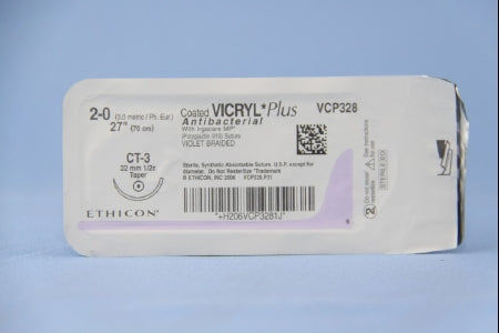 Coated Vicryl Plus Antibacterial Suture with Needle Absorbable Coated Violet Suture Braided Polyglactin 910 with Irgacare MP Antibacterial Suture Size 2-0 27 Inch Suture 1-Needle 22 mm Length 1/2 Circle Taper Point Needle