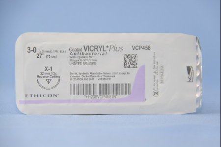 Coated Vicryl Plus - Antibacterial Suture with Needle Absorbable Coated Undyed Suture Braided Polyglactin 910 with Irgacare MP Antibacterial Suture Size 3 - 0 27 Inch Suture 1-Needle 22 mm Length 1/2 Circle Reverse Cutting Needle - VCP458H