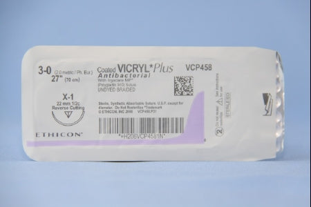 Coated Vicryl Plus Antibacterial Suture with Needle Absorbable Coated Undyed Suture Braided Polyglactin 910 with Irgacare MP Antibacterial Suture Size 3-0 27 Inch Suture 1-Needle 22 mm Length 1/2 Circle Reverse Cutting Needle