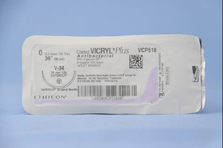 J & J Healthcare Systems Coated Vicryl Plus Antibacterial Suture with Needle Absorbable Coated Violet Suture Braided Polyglactin 910 with Irgacare MP Antibacterial Suture Size 0 36 Inch Suture 1-Needle 36.4 mm Length 1/2 Circle Taper Cut Needle - VCP518H
