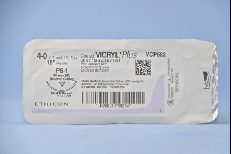 Coated Vicryl Plus Antibacterial Suture with Needle Absorbable Coated Undyed Suture Braided Polyglactin 910 with Irgacare MP Antibacterial Suture Size 4-0 18 Inch Suture 1-Needle 24 mm Length 3/8 Circle Precision Point - Reverse Cutting Needle