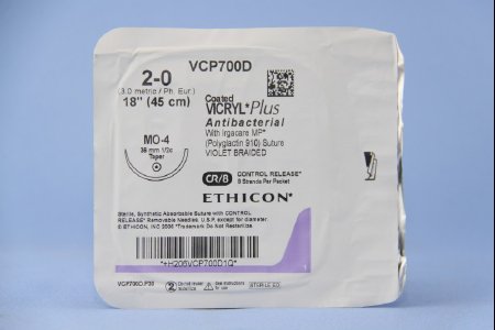 Coated Vicryl Plus - Antibacterial Suture with Needle Absorbable Coated Violet Suture Braided Polyglactin 910 with Irgacare MP Antibacterial Suture Size 2 - 0 18 Inch Suture 1-Needle 36.4 mm Length 1/2 Circle Taper Point Needle - VCP700D