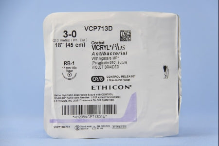 Coated Vicryl Plus Antibacterial Suture with Needle Absorbable Coated Violet Suture Braided Polyglactin 910 with Irgacare MP Antibacterial Suture Size 3-0 18 Inch Suture 1-Needle 17 mm Length 1/2 Circle Taper Point Needle