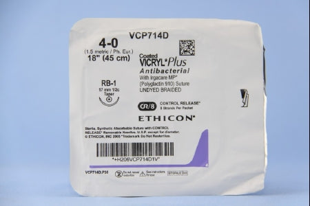 Coated Vicryl Plus Antibacterial Suture with Needle Absorbable Coated Undyed Suture Braided Polyglactin 910 with Irgacare MP Antibacterial Suture Size 4-0 18 Inch Suture 1-Needle 17 mm Length 1/2 Circle Taper Point Needle