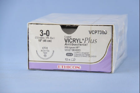 Coated Vicryl Plus Antibacterial Suture with Needle Absorbable Coated Violet Suture Braided Polyglactin 910 with Irgacare MP Antibacterial Suture Size 3-0 18 Inch Suture 1-Needle 36 mm Length 1/2 Circle Taper Point Needle