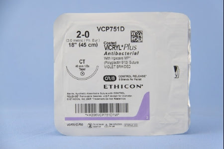 Coated Vicryl Plus Antibacterial Suture with Needle Absorbable Coated Violet Suture Braided Polyglactin 910 with Irgacare MP Antibacterial Suture Size 2-0 18 Inch Suture 1-Needle 40 mm Length 1/2 Circle Taper Point Needle
