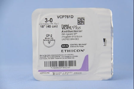 Coated Vicryl Plus - Antibacterial Suture with Needle Absorbable Coated Undyed Suture Braided Polyglactin 910 with Irgacare MP Antibacterial Suture Size 3 - 0 18 Inch Suture 1-Needle 26 mm Length 1/2 Circle Reverse Cutting Needle - VCP761D