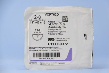 Coated Vicryl Plus Antibacterial Suture with Needle Absorbable Coated Undyed Suture Braided Polyglactin 910 with Irgacare MP Antibacterial Suture Size 2-0 18 Inch Suture 1-Needle 26 mm Length 1/2 Circle Reverse Cutting Needle