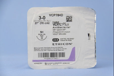 Coated Vicryl Plus Antibacterial Suture with Needle Absorbable Coated Violet Suture Braided Polyglactin 910 with Irgacare MP Antibacterial Suture Size 3-0 27 Inch Suture 1-Needle 26 mm Length 1/2 Circle Taper Point Needle