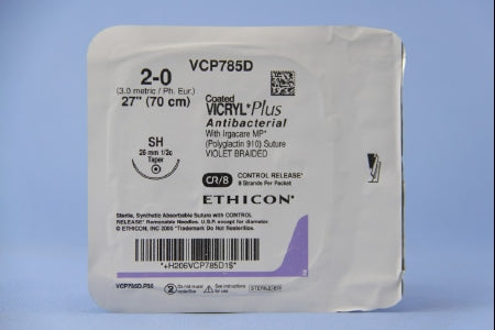 Coated Vicryl Plus Antibacterial Suture with Needle Absorbable Coated Violet Suture Braided Polyglactin 910 with Irgacare MP Antibacterial Suture Size 2-0 27 Inch Suture 1-Needle 26 mm Length 1/2 Circle Taper Point Needle