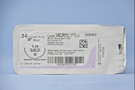 Coated Vicryl Plus - Antibacterial Suture with Needle Absorbable Coated Undyed Suture Braided Polyglactin 910 with Irgacare MP Antibacterial Suture Size 2 - 0 36 Inch Suture 1-Needle 36.4 mm Length 1/2 Circle Taper Cut Needle - VCP917H