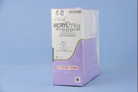 Coated Vicryl Plus Antibacterial Suture with Needle Absorbable Coated Undyed Suture Braided Polyglactin 910 with Irgacare MP Antibacterial Suture Size 4-0 27 Inch Suture 1-Needle 22 mm Length 1/2 Circle Taper Point Needle