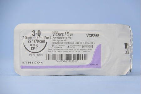 Coated Vicryl Plus Antibacterial Suture with Needle Absorbable Coated Undyed Suture Braided Polyglactin 910 with Irgacare MP Antibacterial Suture Size 3-0 27 Inch Suture 1-Needle 36 mm Length 1/2 Circle Reverse Cutting Needle