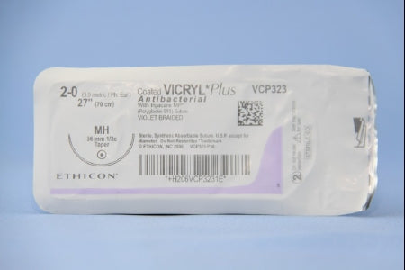 Coated Vicryl Plus Antibacterial Suture with Needle Absorbable Coated Violet Suture Braided Polyglactin 910 with Irgacare MP Antibacterial Suture Size 2-0 27 Inch Suture 1-Needle 36.4 mm Length 1/2 Circle Taper Point Needle