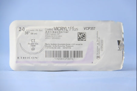 Coated Vicryl Plus Antibacterial Suture with Needle Absorbable Coated Violet Suture Braided Polyglactin 910 with Irgacare MP Antibacterial Suture Size 2-0 36 Inch Suture 1-Needle 40 mm Length 1/2 Circle Taper Point Needle