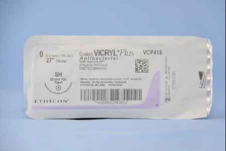 J & J Healthcare Systems Coated Vicryl Plus Antibacterial Suture with Needle Absorbable Coated Undyed Suture Braided Polyglactin 910 with Irgacare MP Antibacterial Suture Size 0 27 Inch Suture 1-Needle 26 mm Length 1/2 Circle Taper Point Needle - VCP418H
