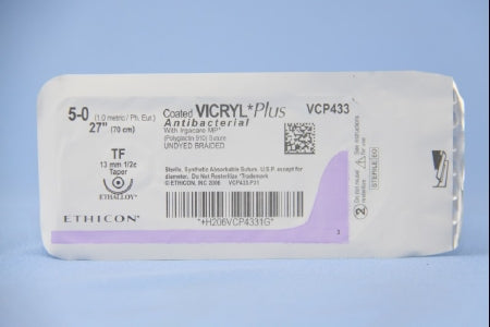 Coated Vicryl Plus - Antibacterial Suture with Needle Absorbable Coated Undyed Suture Braided Polyglactin 910 with Irgacare MP Antibacterial Suture Size 5 - 0 27 Inch Suture 1-Needle 13 mm Length 1/2 Circle Taper Point Needle - VCP433H