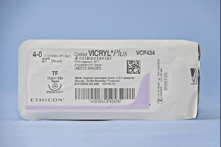Coated Vicryl Plus Antibacterial Suture with Needle Absorbable Coated Undyed Suture Braided Polyglactin 910 with Irgacare MP Antibacterial Suture Size 4-0 27 Inch Suture 1-Needle 13 mm Length 1/2 Circle Taper Point Needle