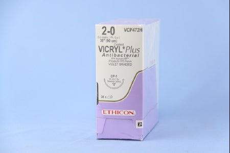 Coated Vicryl Plus Antibacterial Suture with Needle Absorbable Coated Violet Suture Braided Polyglactin 910 with Irgacare MP Antibacterial Suture Size 2-0 36 Inch Suture 1-Needle 36 mm Length 1/2 Circle Reverse Cutting Needle