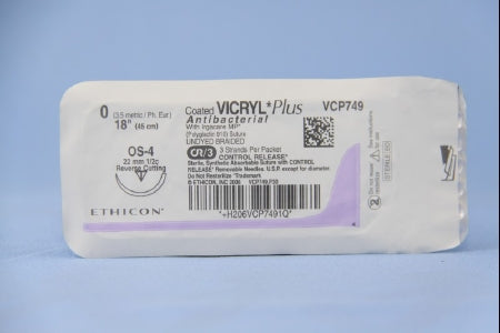 Coated Vicryl Plus - Antibacterial Suture with Needle Absorbable Coated Undyed Suture Braided Polyglactin 910 with Irgacare MP Antibacterial Suture Size 0 18 Inch Suture 1-Needle 22 mm Length 1/2 Circle Reverse Cutting Needle - VCP749T