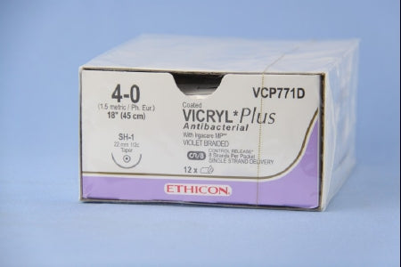 Coated Vicryl Plus Antibacterial Suture with Needle Absorbable Coated Violet Suture Braided Polyglactin 910 with Irgacare MP Antibacterial Suture Size 4-0 18 Inch Suture 1-Needle 22 mm Length 1/2 Circle Taper Point Needle