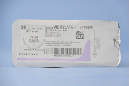 Coated Vicryl Plus Antibacterial Suture with Needle Absorbable Coated Undyed Suture Braided Polyglactin 910 with Irgacare MP Antibacterial Suture Size 4-0 36 Inch Suture 1-Needle 36.4 mm Length 1/2 Circle Blunt Point Needle
