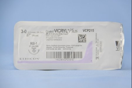 Coated Vicryl Plus Antibacterial Suture with Needle Absorbable Coated Undyed Suture Braided Polyglactin 910 with Irgacare MP Antibacterial Suture Size 3-0 27 Inch Suture 1-Needle 17 mm Length 1/2 Circle Taper Point Needle