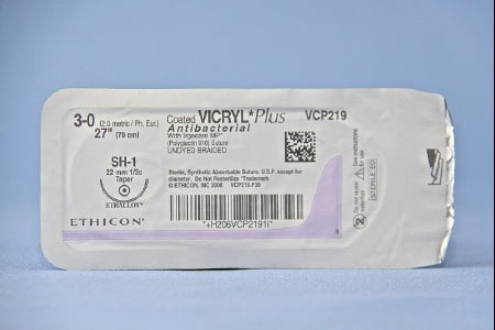 Coated Vicryl Plus Antibacterial Suture with Needle Absorbable Coated Undyed Suture Braided Polyglactin 910 with Irgacare MP Antibacterial Suture Size 3-0 27 Inch Suture 1-Needle 22 mm Length 1/2 Circle Taper Point Needle