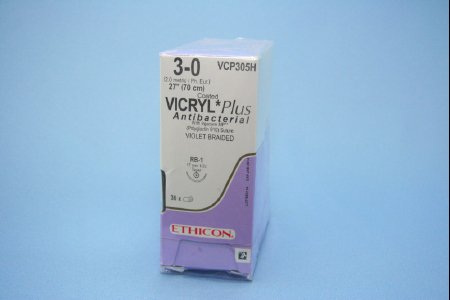 Coated Vicryl Plus Antibacterial Suture with Needle Absorbable Coated Violet Suture Braided Polyglactin 910 with Irgacare MP Antibacterial Suture Size 3-0 27 Inch Suture 1-Needle 17 mm Length 1/2 Circle Taper Point Needle