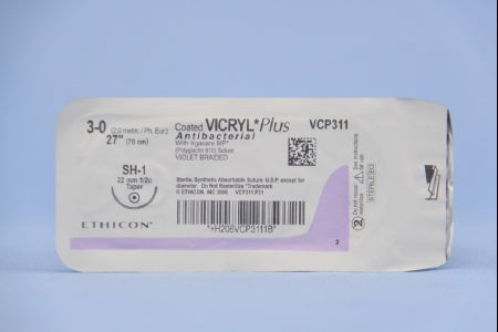 Coated Vicryl Plus - Antibacterial Suture with Needle Absorbable Coated Violet Suture Braided Polyglactin 910 with Irgacare MP Antibacterial Suture Size 3 - 0 27 Inch Suture 1-Needle 22 mm Length 1/2 Circle Taper Point Needle - VCP311H