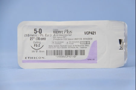 Coated Vicryl Plus Antibacterial Suture with Needle Absorbable Coated Undyed Suture Braided Polyglactin 910 with Irgacare MP Antibacterial Suture Size 5-0 27 Inch Suture 1-Needle 19 mm Length 3/8 Circle Reverse Cutting Needle
