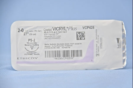 Coated Vicryl Plus Antibacterial Suture with Needle Absorbable Coated Undyed Suture Braided Polyglactin 910 with Irgacare MP Antibacterial Suture Size 2-0 27 Inch Suture 1-Needle 19 mm Length 3/8 Circle Precision Point - Reverse Cutting Needle
