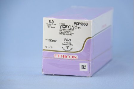 Coated Vicryl Plus Antibacterial Suture with Needle Absorbable Coated Undyed Suture Braided Polyglactin 910 with Irgacare MP Antibacterial Suture Size 5-0 18 Inch Suture 1-Needle 16 mm Length 3/8 Circle Precision Point - Reverse Cutting Needle
