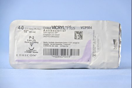 Coated Vicryl Plus Antibacterial Suture with Needle Absorbable Coated Undyed Suture Braided Polyglactin 910 with Irgacare MP Antibacterial Suture Size 4-0 18 Inch Suture 1-Needle 8 mm Length 1/2 Circle Precision Point - Reverse Cutting Needle