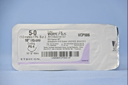 Coated Vicryl Plus Antibacterial Suture with Needle Absorbable Coated Undyed Suture Braided Polyglactin 910 with Irgacare MP Antibacterial Suture Size 5-0 18 Inch Suture 1-Needle 16 mm Length 1/2 Circle Precision Point - Reverse Cutting Needle